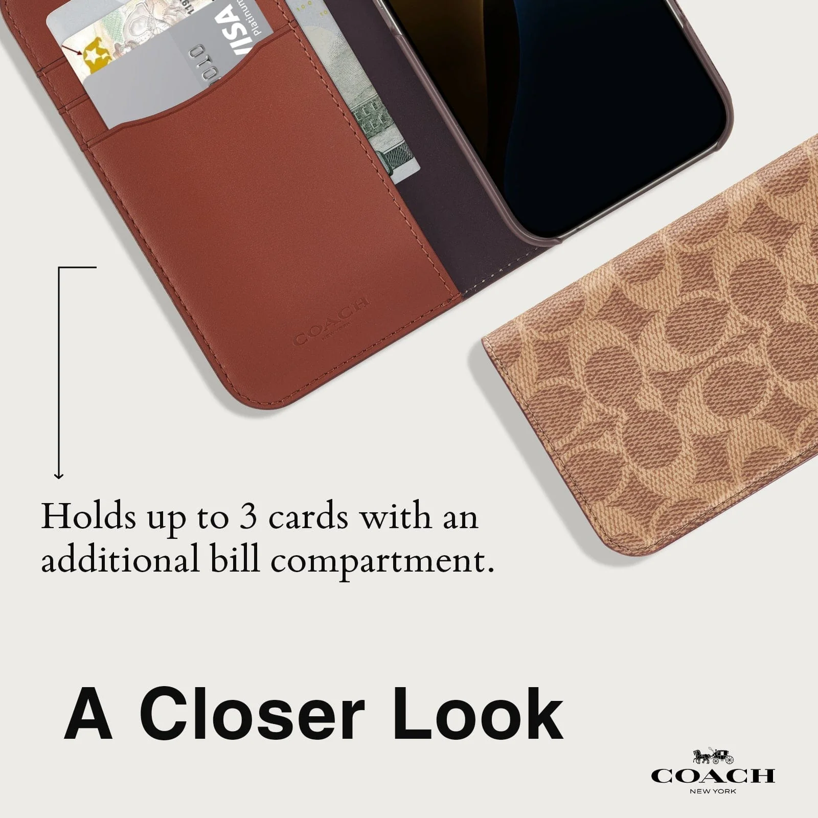 Coach Folio Case Signature Charcoal for iPhone 16 Standard Signature Tan