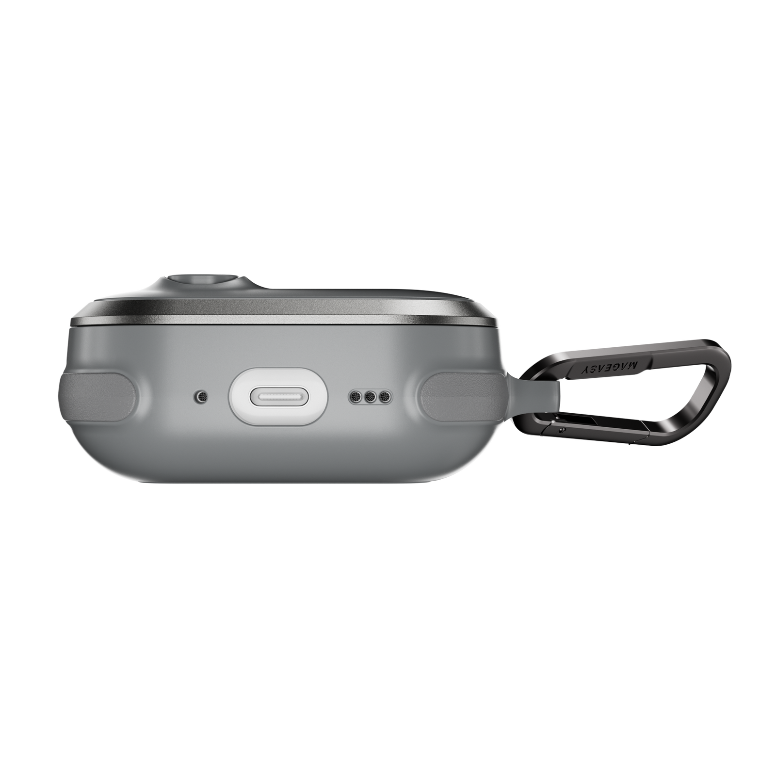 MAGEASY Odyssey protective AirPods Pro 3 case in Metal Mist, bottom view showing charging port access and speaker openings