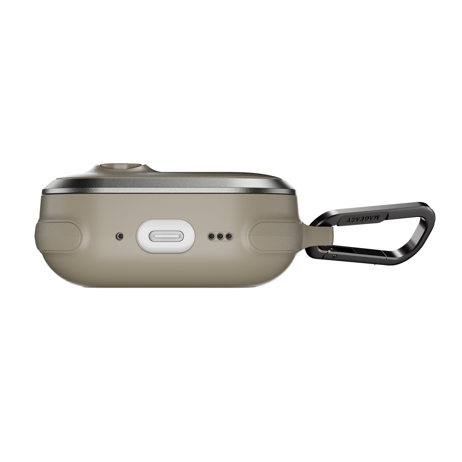 MAGEASY Odyssey shockproof AirPods Pro 3 cover in Metal Sand, bottom view showing charging port access and speaker openings