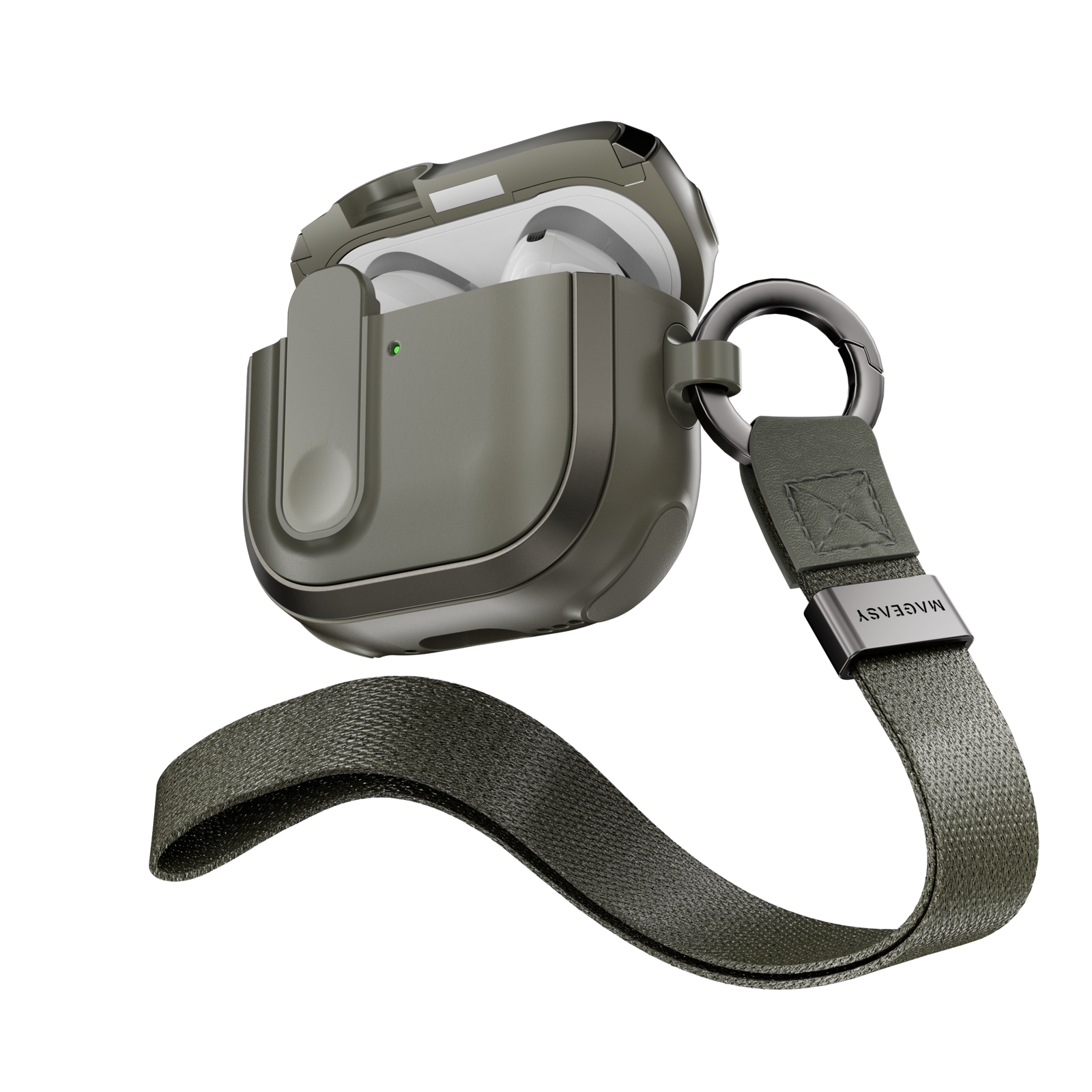 MAGEASY Odyssey AirPods 4 case in Metal Green, open case with wrist strap for everyday carry