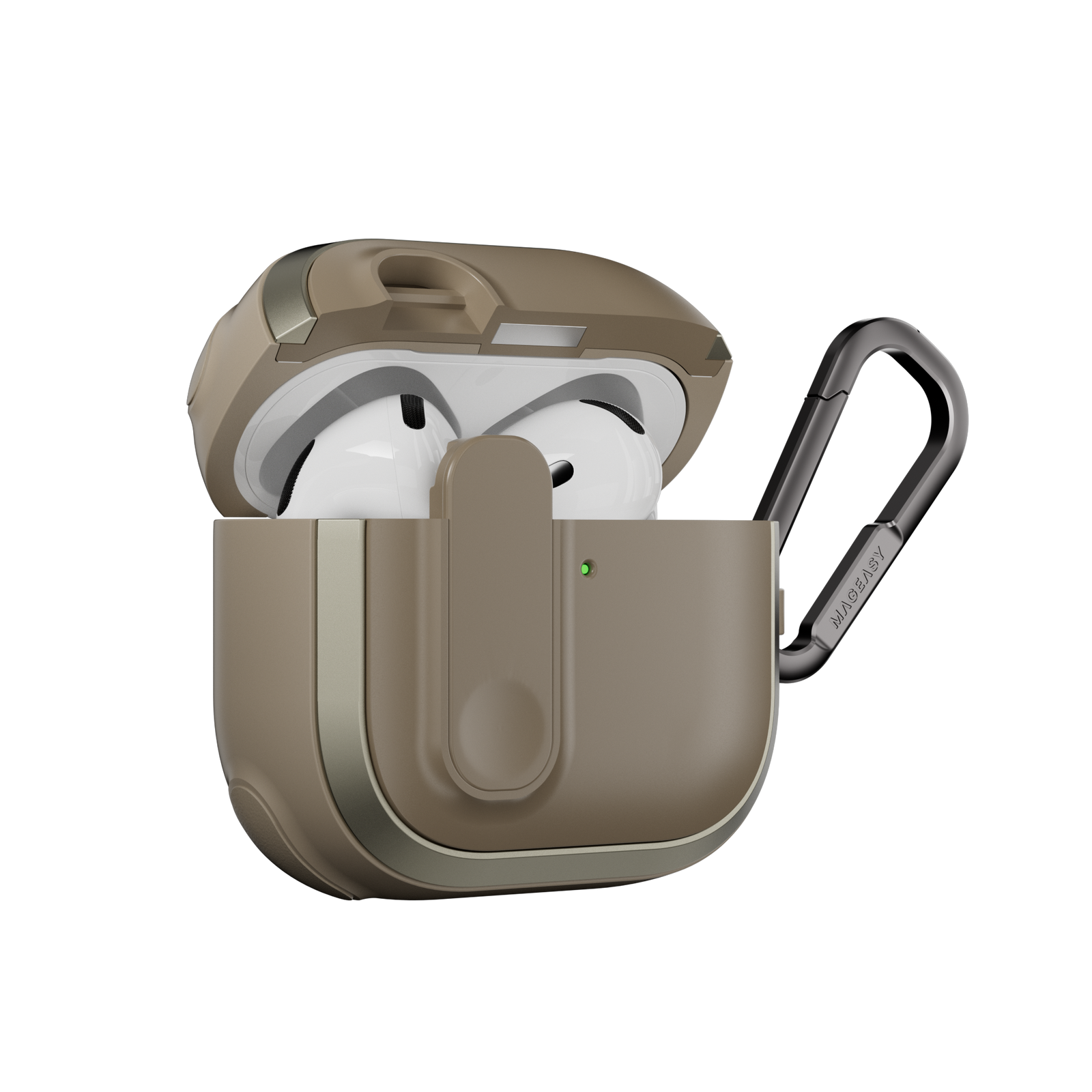 MAGEASY Odyssey AirPods 4 shockproof case in Metal Sand, side profile showing protective shell