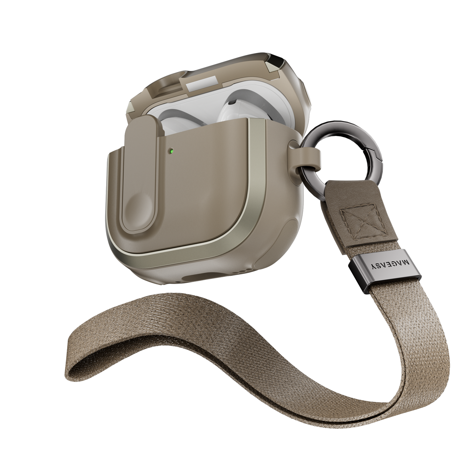 MAGEASY Odyssey AirPods 4 case in Metal Sand, open case with wrist strap for everyday carry