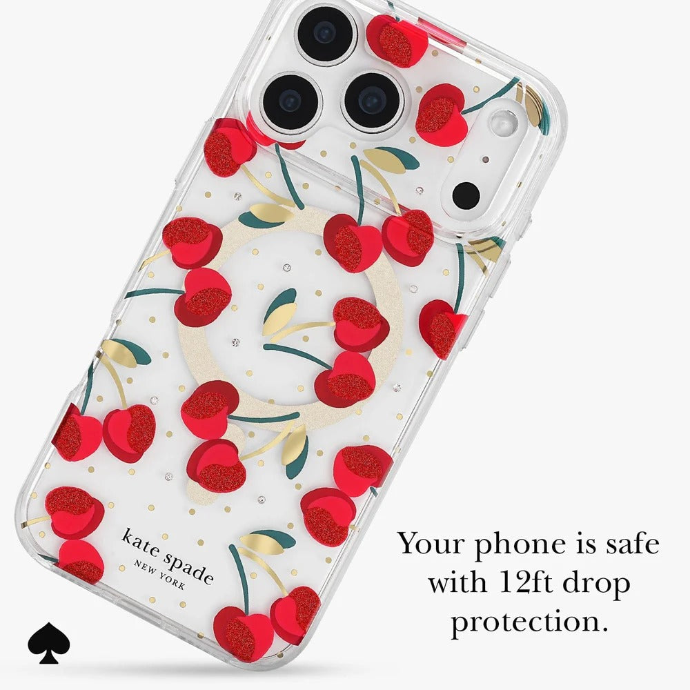Cherry Dot MagSafe Case for iPhone 18 Pro Max in Clear/Red & Gold - Kate Spade