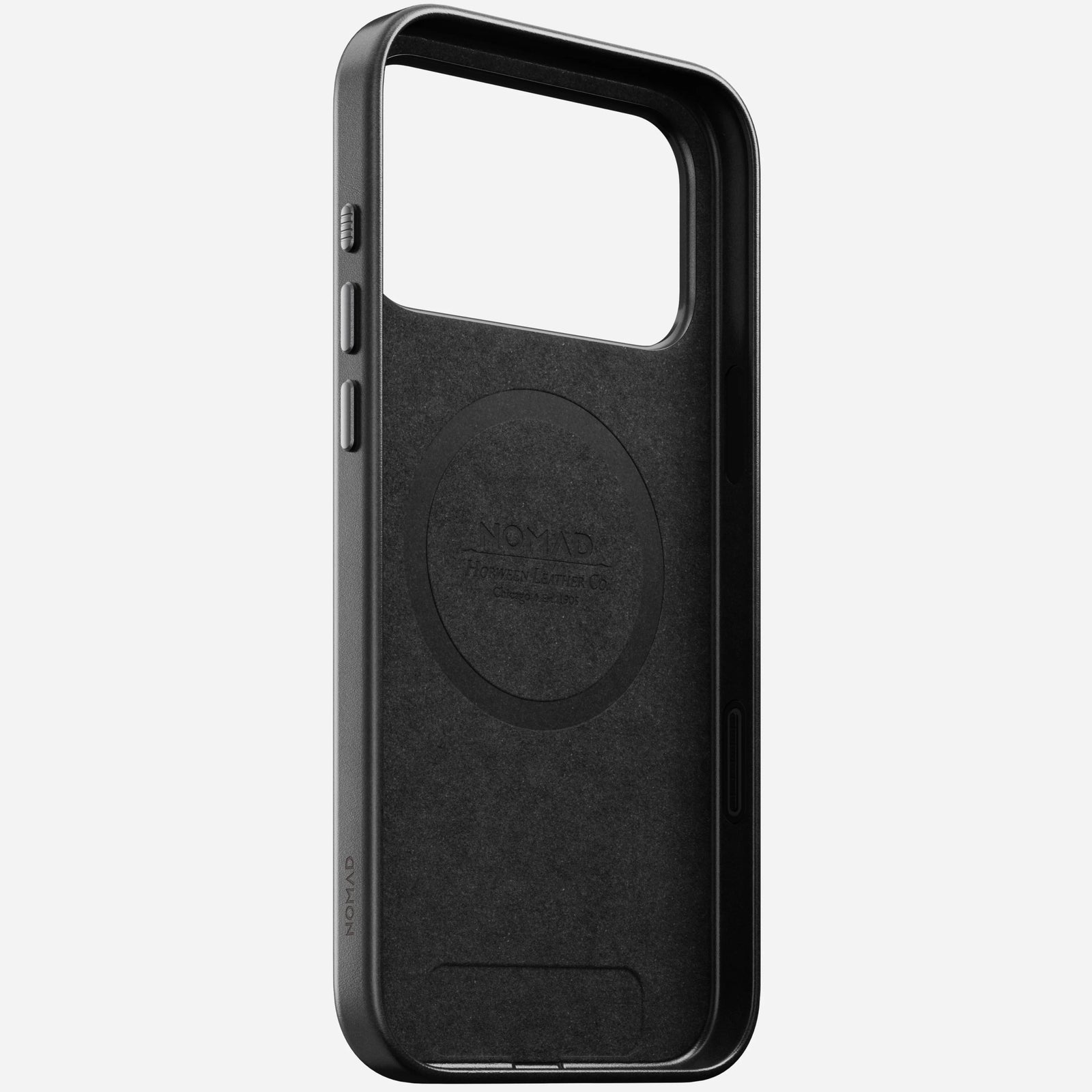 nomad horween case for iphone 17 pro max black buttons detail