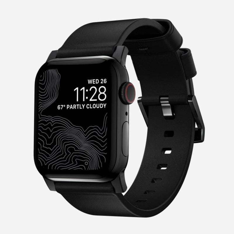Nomad Modern Band for Apple Watch Ultra 1-3, Series 4-11, SE 44-49mm Black Hardware Nomad Leather Bracelet - Black - Mac Addict