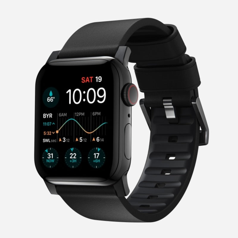 Nomad Active Band Pro for Apple Watch Ultra 1-3, Series 4-11, SE 44-49mm Black Hardware Leather Bracelet - Black - Mac Addict