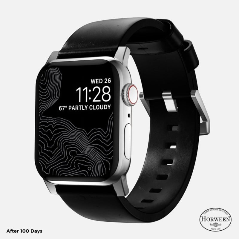Nomad Modern Band 45mm Silver Hardware Horween Leather Bracelet - Black - Mac Addict