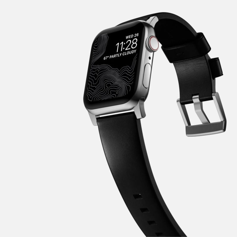 Nomad Modern Band 45mm Silver Hardware Horween Leather Bracelet - Black - Mac Addict