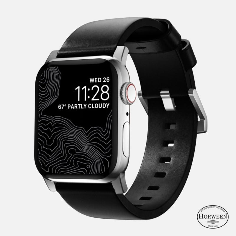 Nomad Modern Band 45mm Silver Hardware Horween Leather Bracelet - Black - Mac Addict
