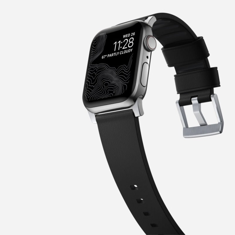 Nomad Active Band Pro 45mm Silver Hardware Leather Bracelet - Black - Mac Addict
