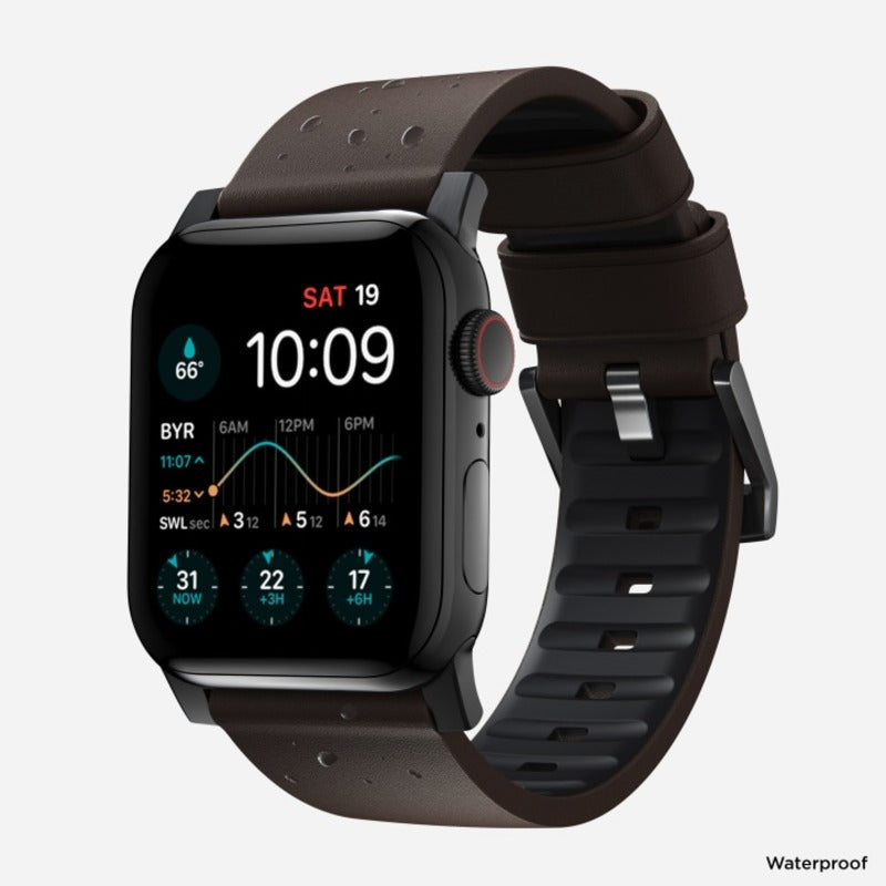 Nomad Active Band Pro for Apple Watch Ultra 1-3, Series 4-11, SE 44-49mm Black Hardware Leather Bracelet - Classic Brown - Mac Addict