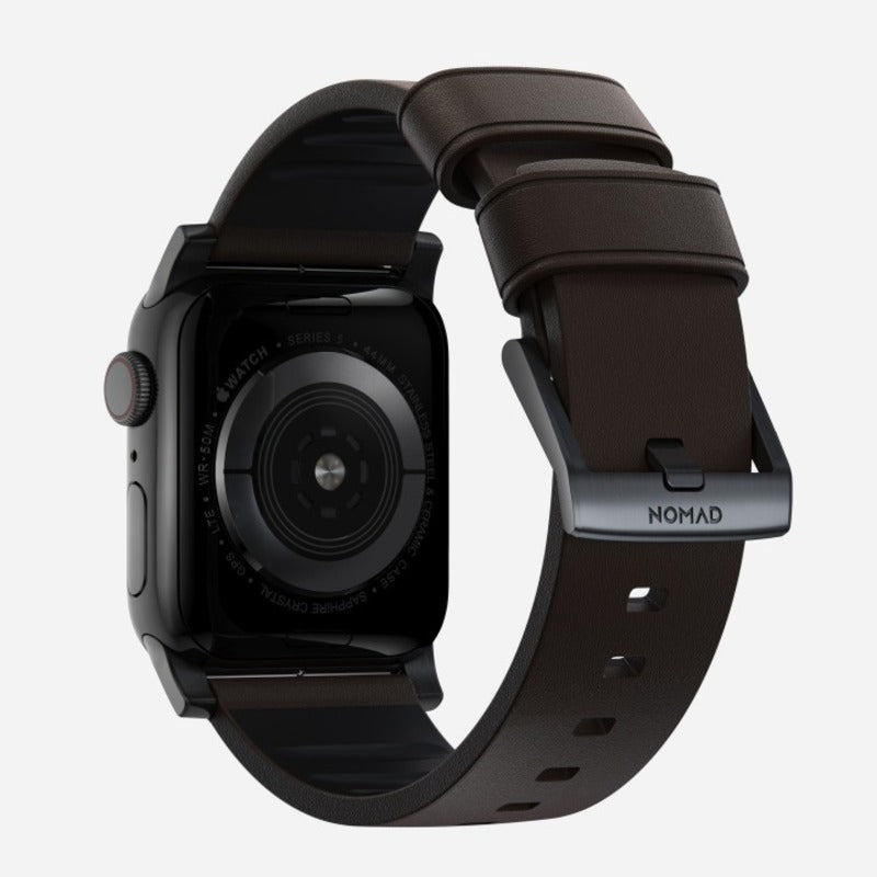 Nomad Active Band Pro for Apple Watch Ultra 1-3, Series 4-11, SE 44-49mm Black Hardware Leather Bracelet - Classic Brown - Mac Addict