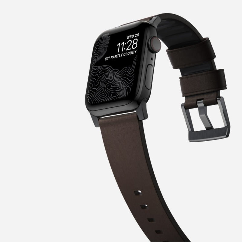 Nomad Active Band Pro for Apple Watch Ultra 1-3, Series 4-11, SE 44-49mm Black Hardware Leather Bracelet - Classic Brown - Mac Addict