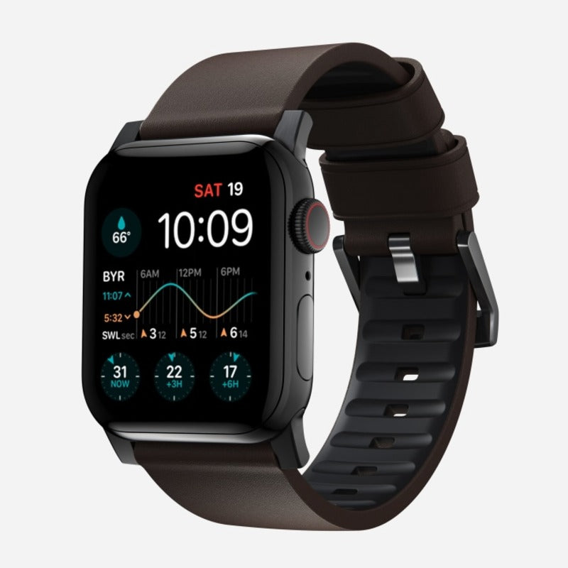Nomad Active Band Pro for Apple Watch Ultra 1-3, Series 4-11, SE 44-49mm Black Hardware Leather Bracelet - Classic Brown - Mac Addict
