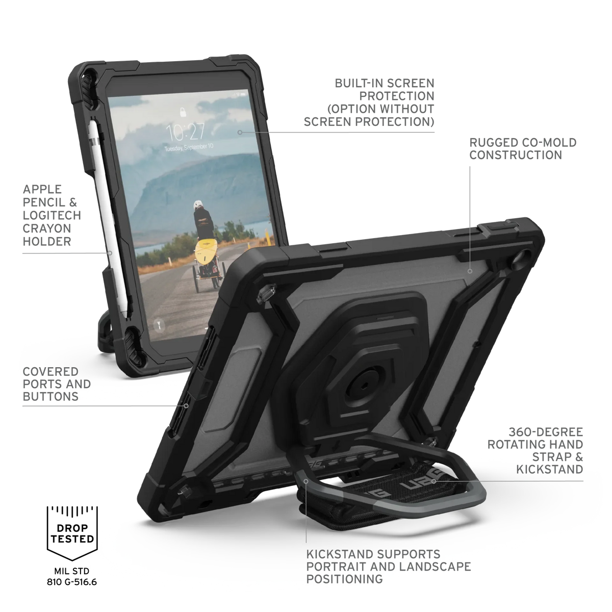 UAG Plasma Tough Case iPad 9 / 8 / 7 10.2 Kickstand & Handstrap - Black
