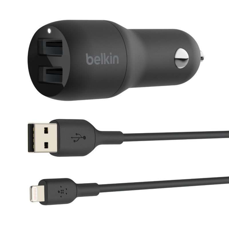 Belki BoostCharge Dual USB-A Car Charger 24W + USB-A to Lightning Cable - Black