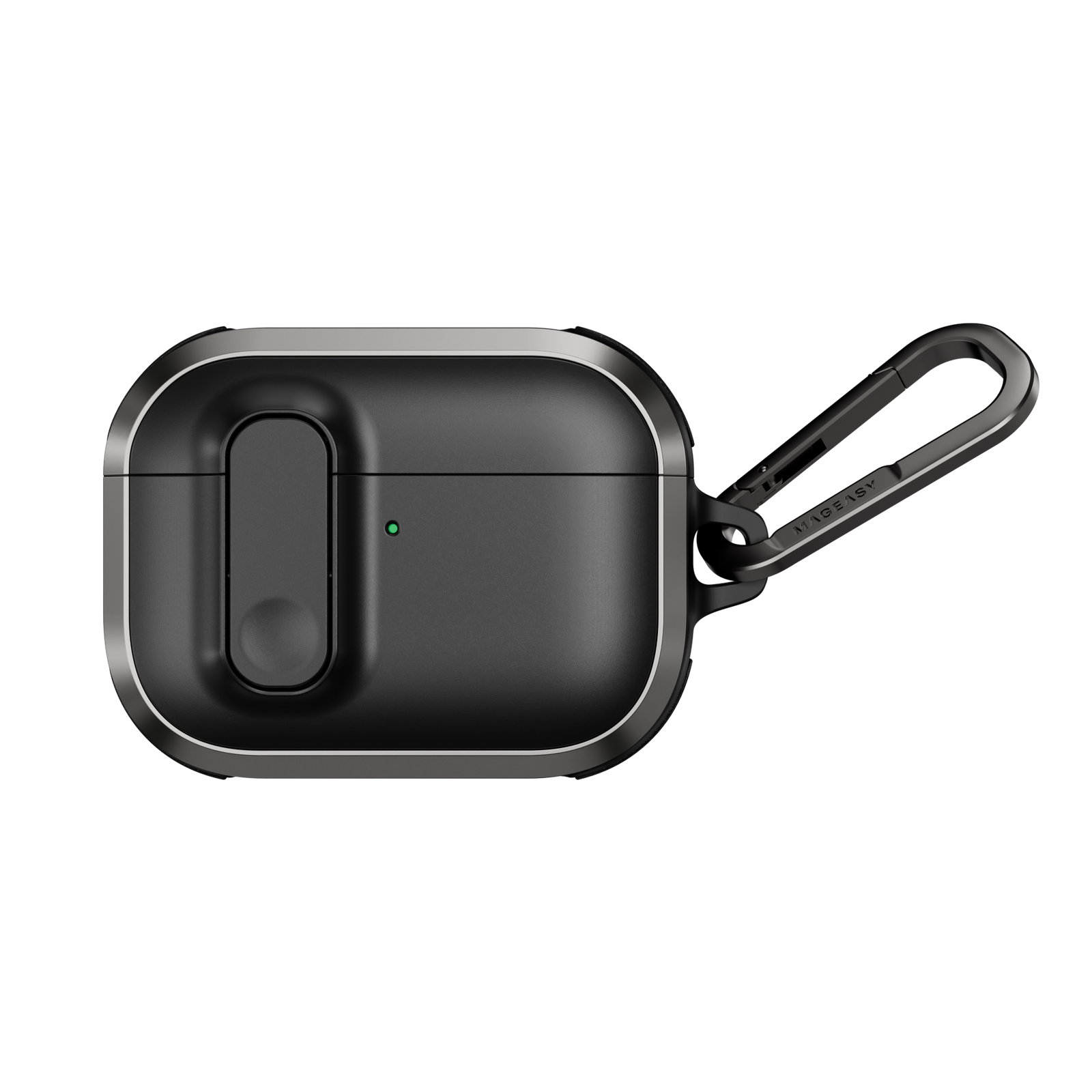 MAGEASY Odyssey rugged AirPods Pro 3 case in Metal Black, closed front view with secure latch and carabiner clip