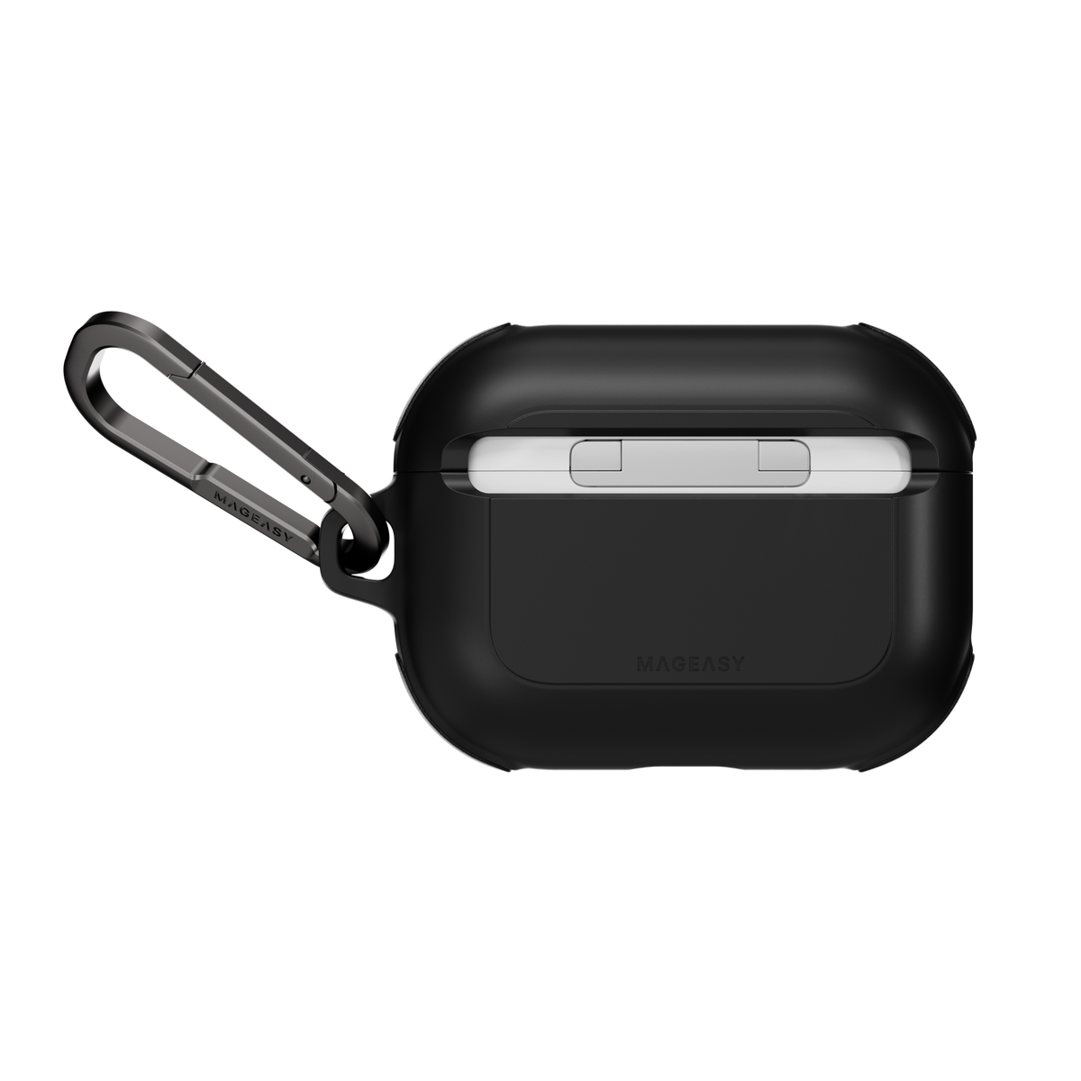 MAGEASY Odyssey rugged AirPods Pro 3 case in Metal Black, rear view showing hinge cover and carabiner attachment