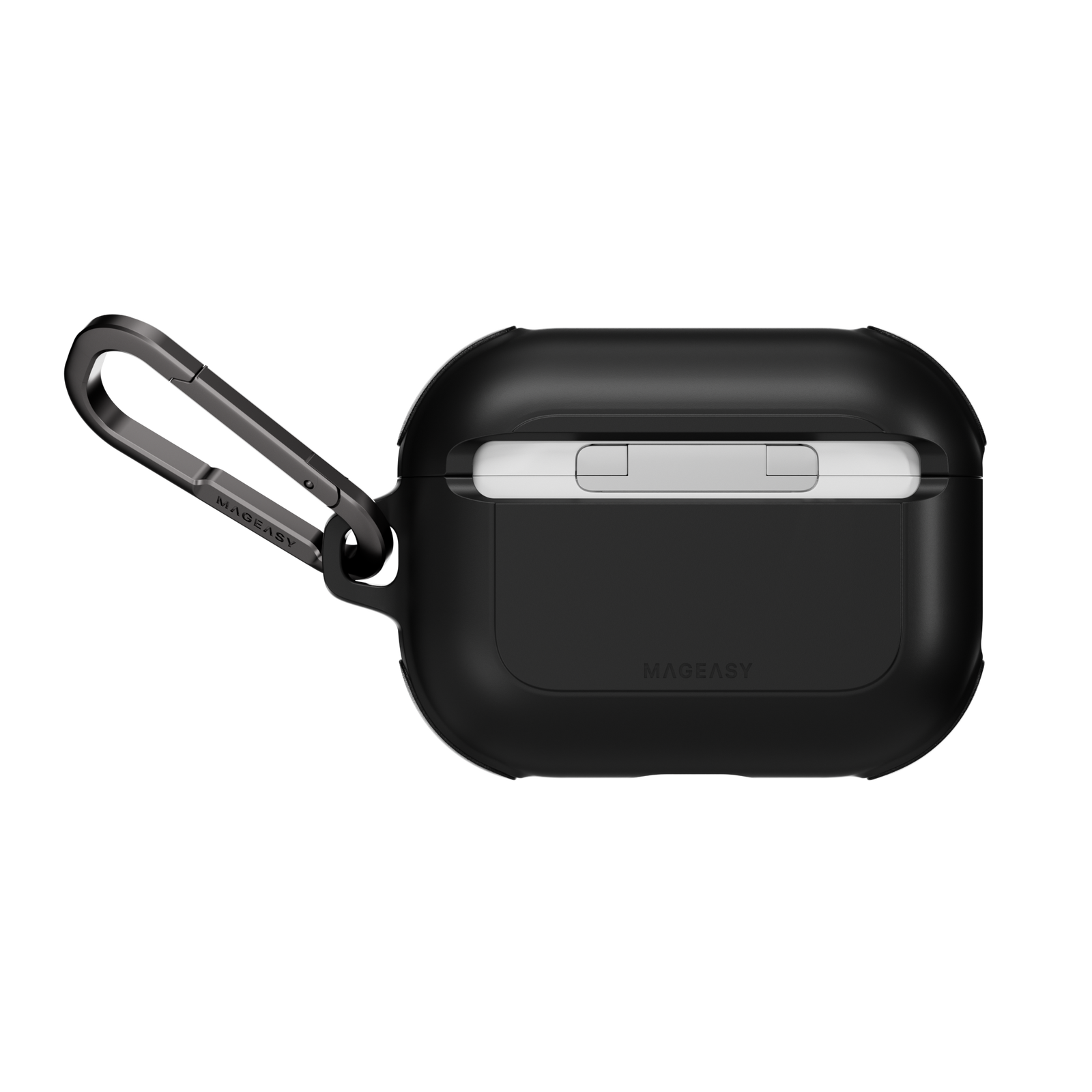 MAGEASY Odyssey rugged AirPods Pro 3 case in Metal Black, rear view showing hinge cover and carabiner attachment