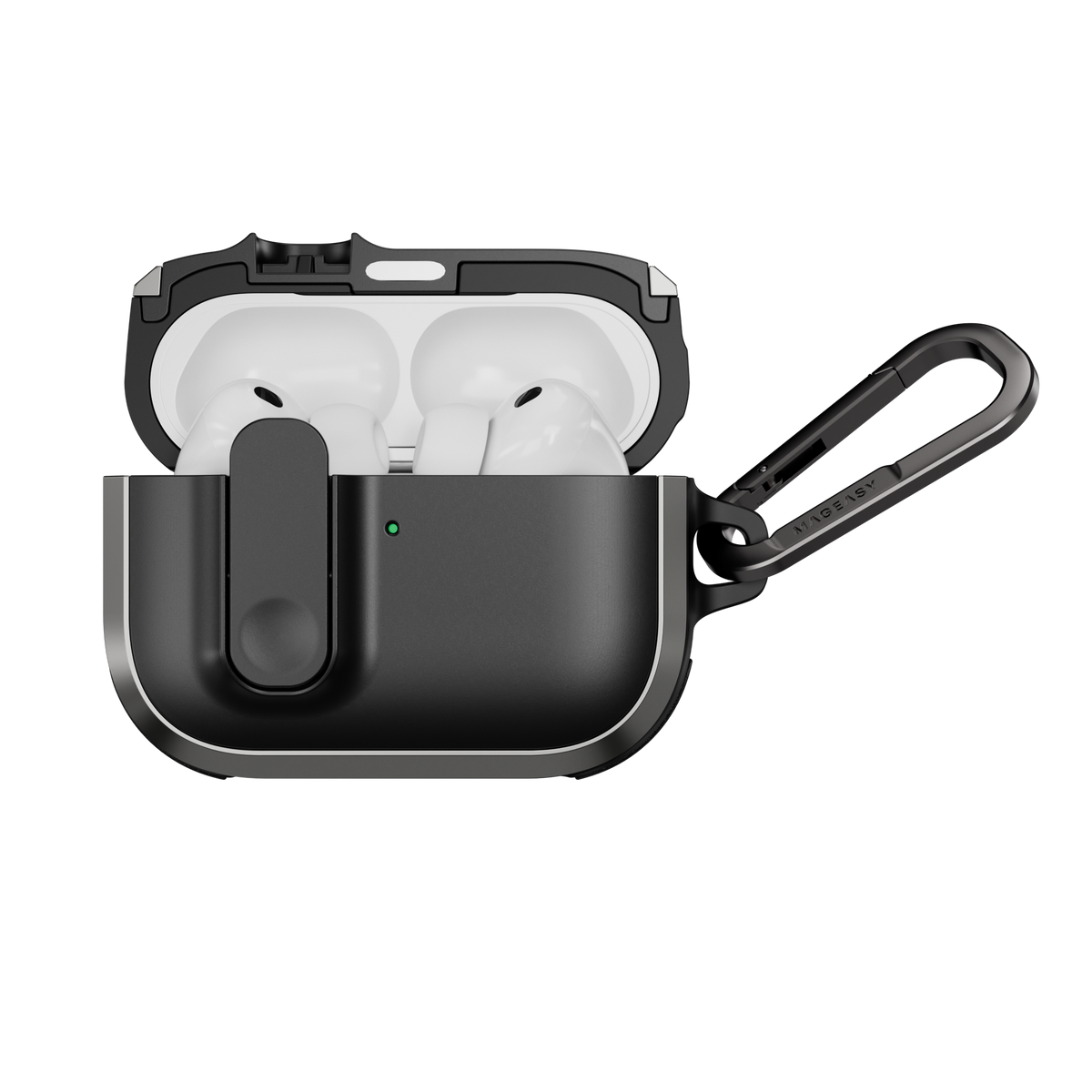 MAGEASY Odyssey rugged AirPods Pro 3 case in Metal Black, open case with AirPods visible and magnetic closure design