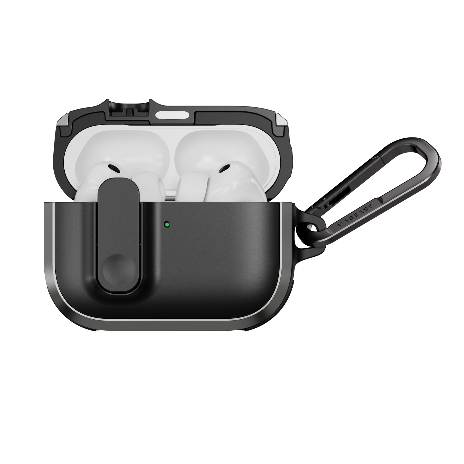 MAGEASY Odyssey rugged AirPods Pro 3 case in Metal Black, open case with AirPods visible and magnetic closure design