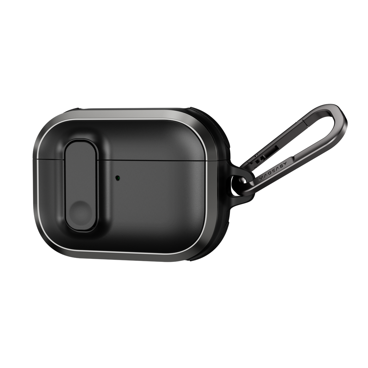 MAGEASY Odyssey rugged AirPods Pro 3 case in Metal Black, angled closed view with aluminum frame and clip