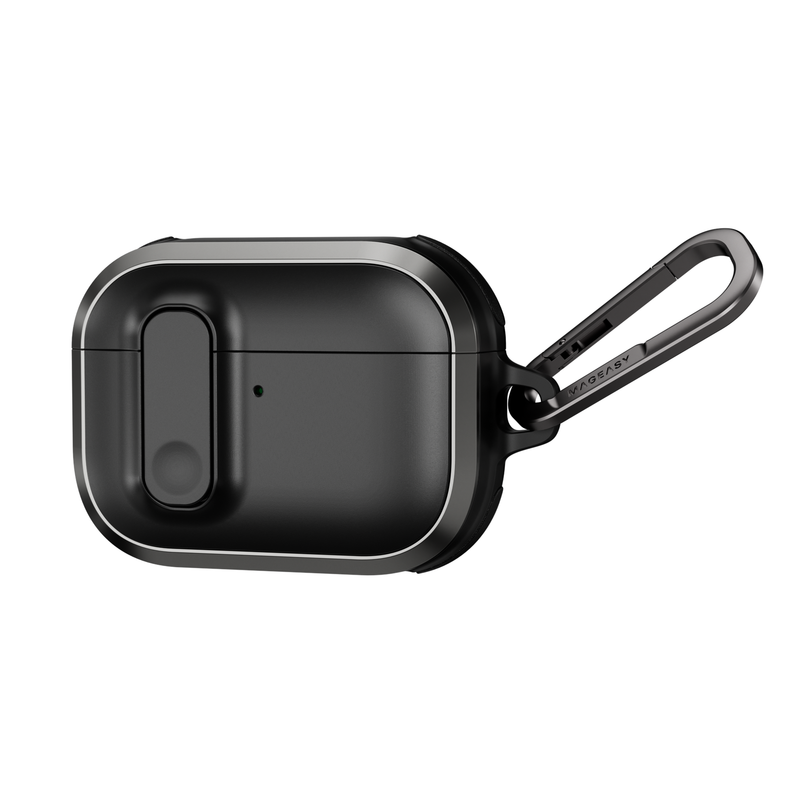 MAGEASY Odyssey rugged AirPods Pro 3 case in Metal Black, angled closed view with aluminum frame and clip