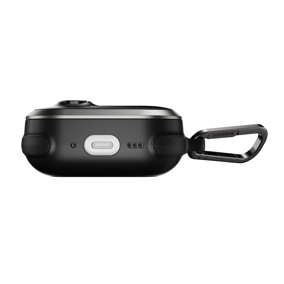 MAGEASY Odyssey rugged AirPods Pro 3 case in Metal Black, bottom view showing charging port access and speaker openings