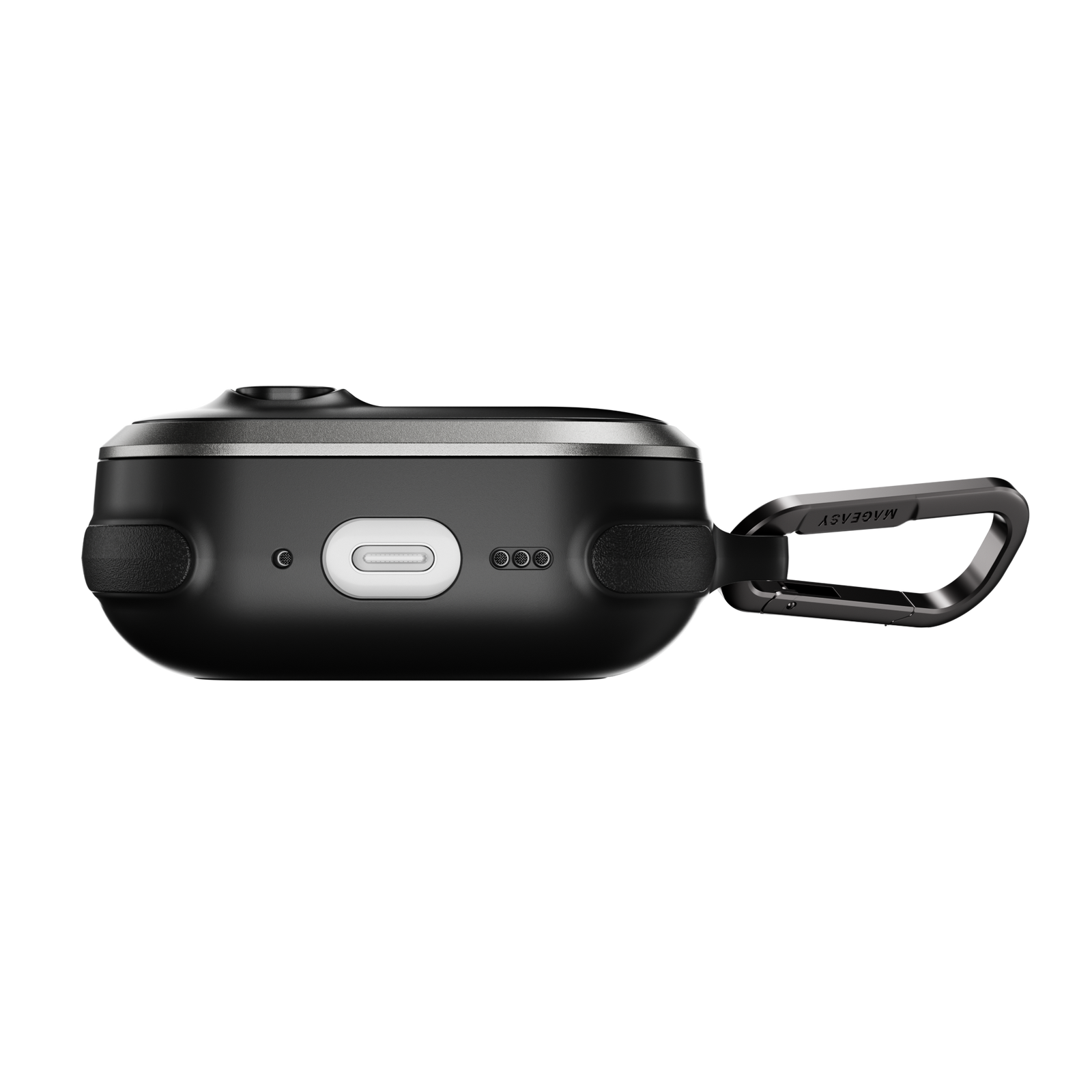 MAGEASY Odyssey rugged AirPods Pro 3 case in Metal Black, bottom view showing charging port access and speaker openings