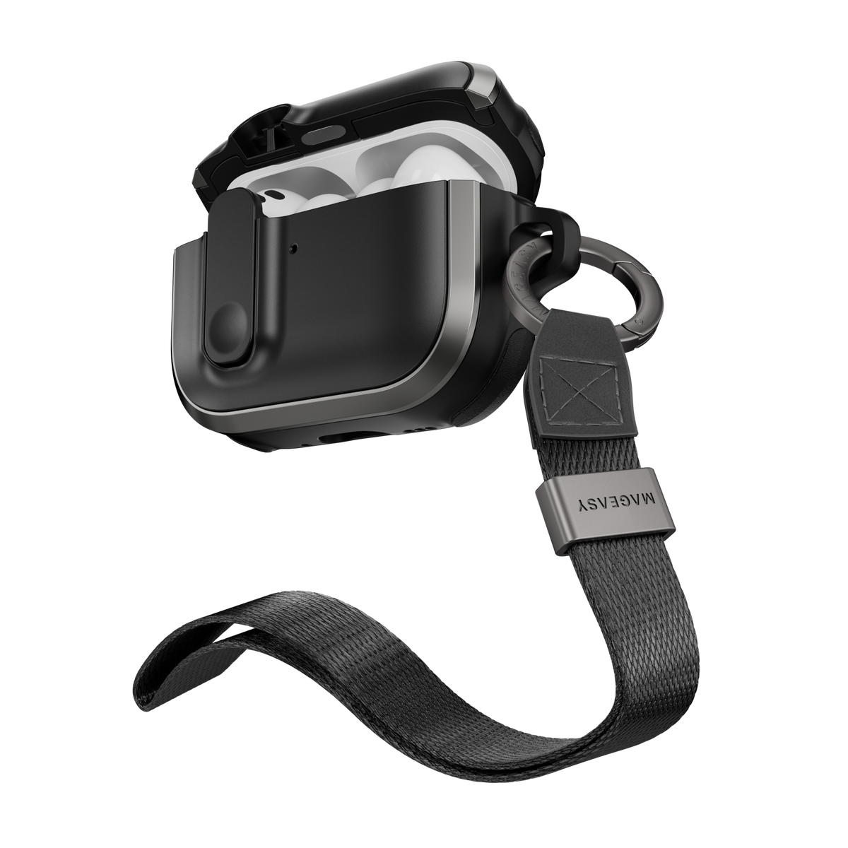 MAGEASY Odyssey rugged AirPods Pro 3 case in Metal Black, open angled view with wrist strap and carabiner for travel carry
