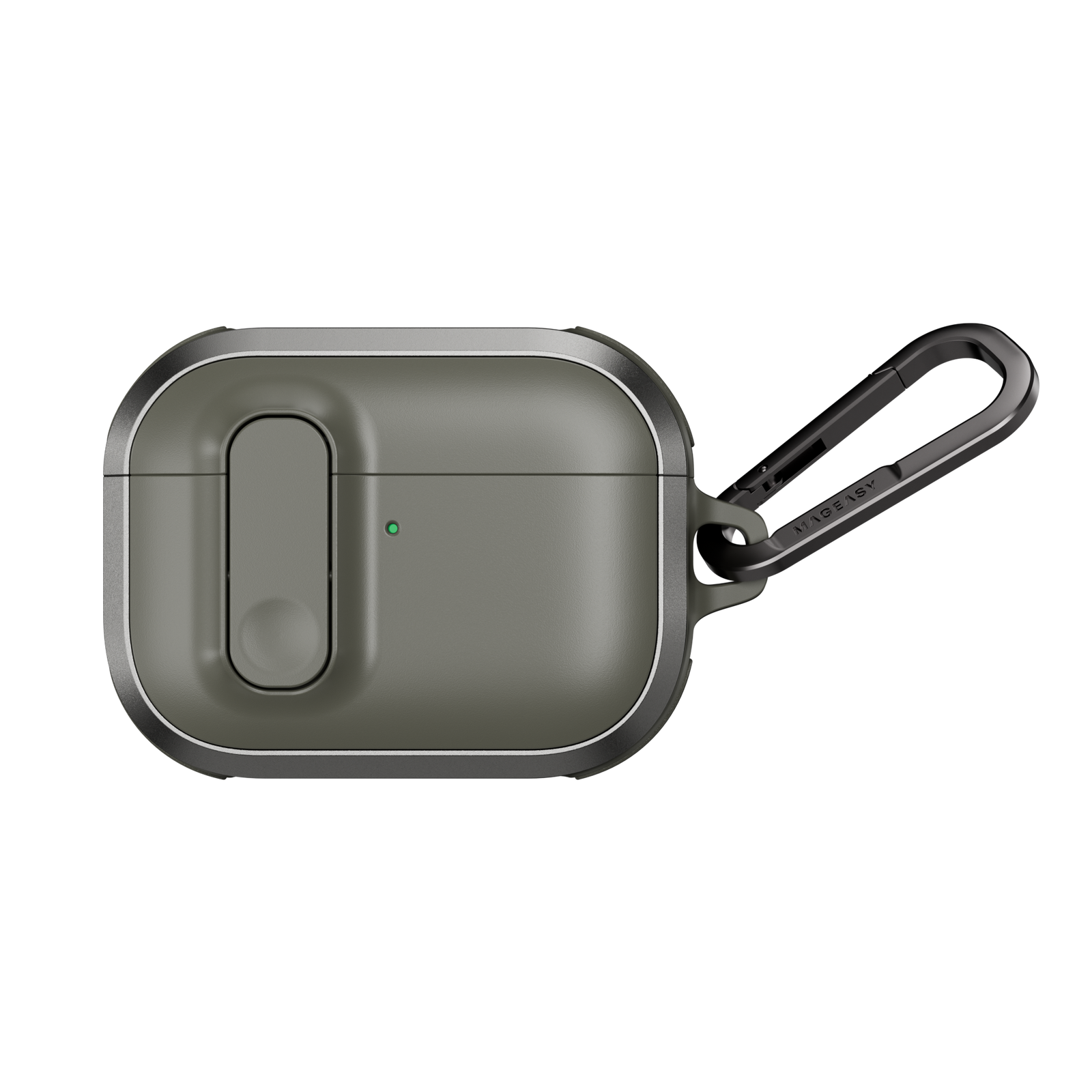 MAGEASY Odyssey outdoor AirPods Pro 3 case in Metal Green, closed front view with secure latch and carabiner clip