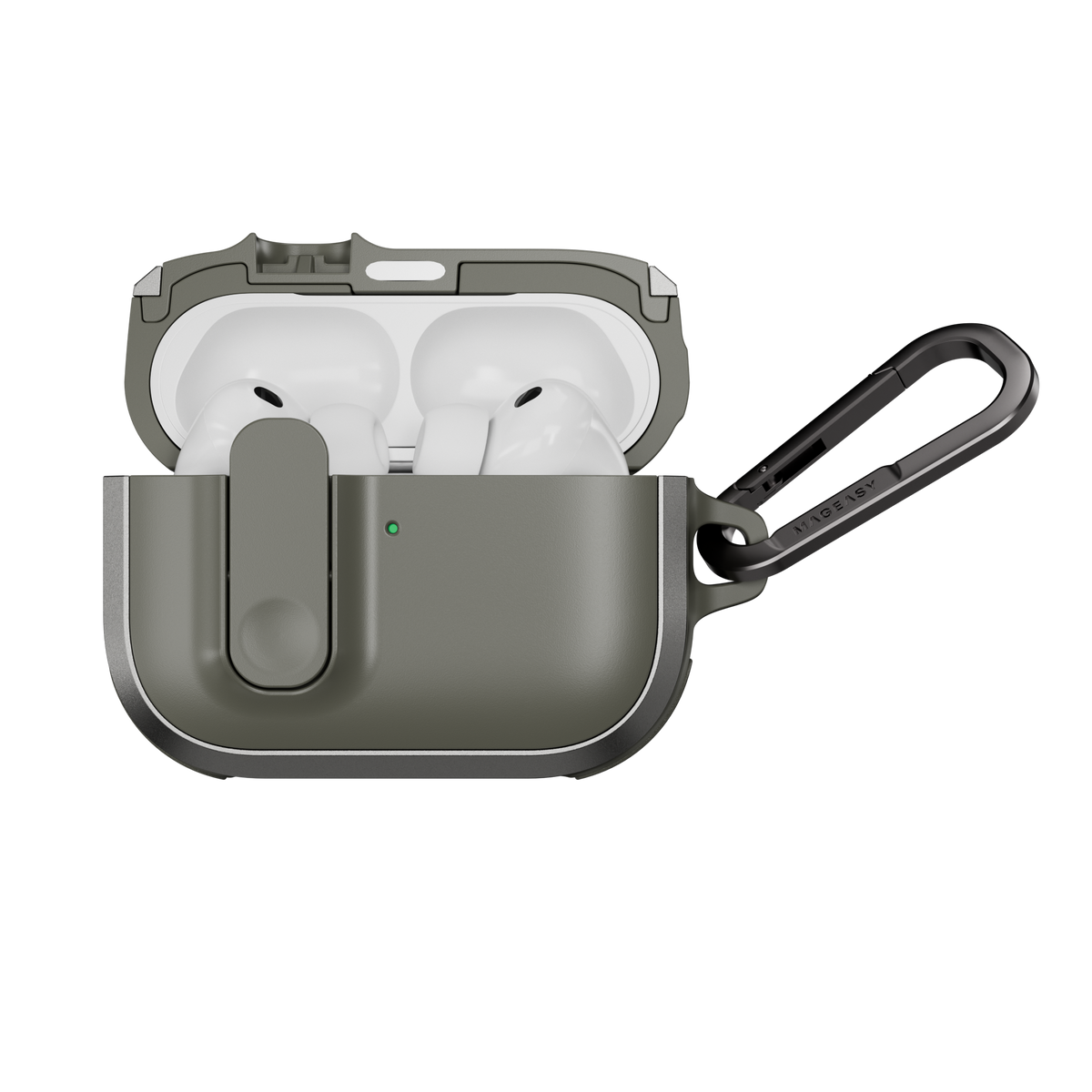 MAGEASY Odyssey outdoor AirPods Pro 3 case in Metal Green, open case with AirPods visible and magnetic closure design