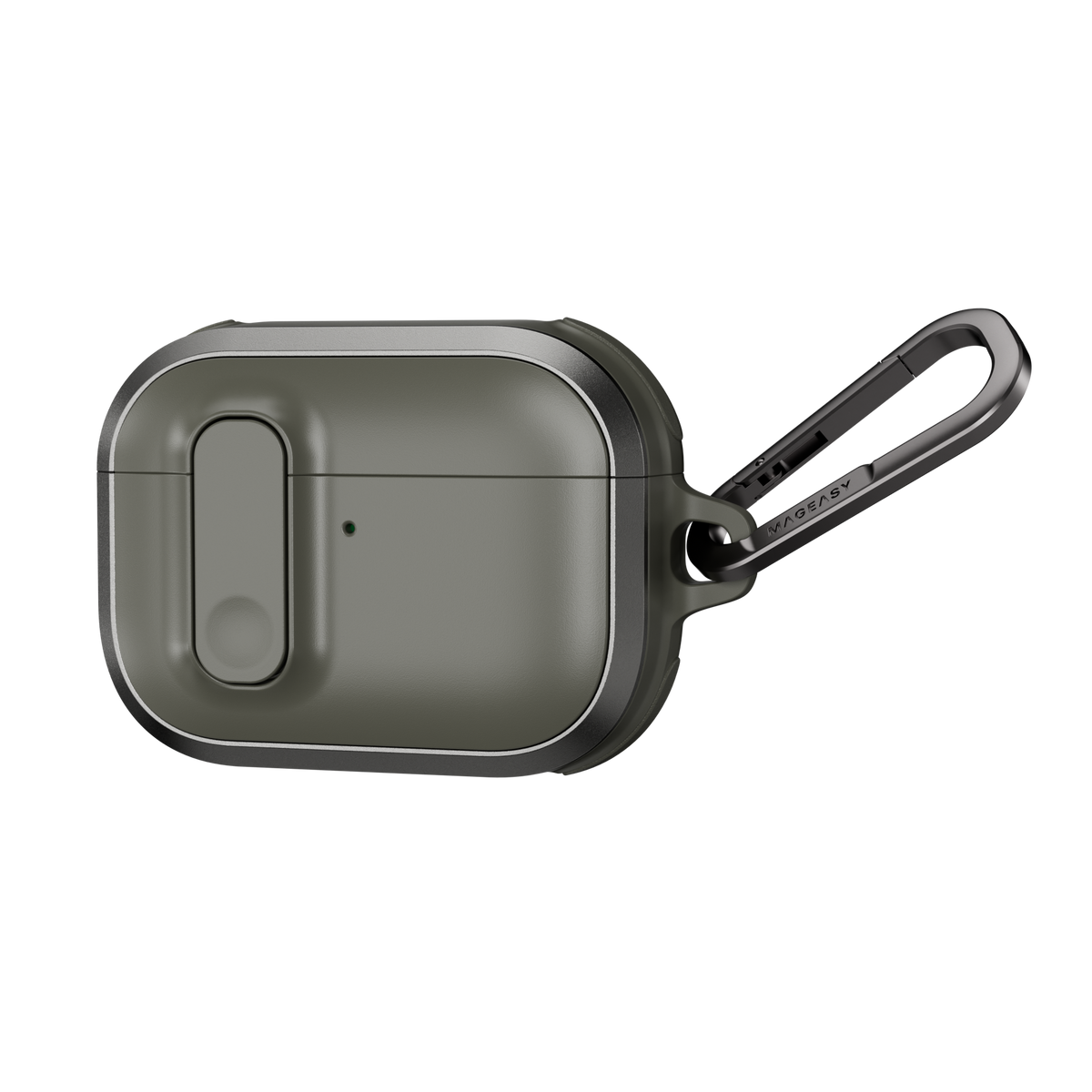 MAGEASY Odyssey outdoor AirPods Pro 3 case in Metal Green, angled closed view with aluminum frame and clip