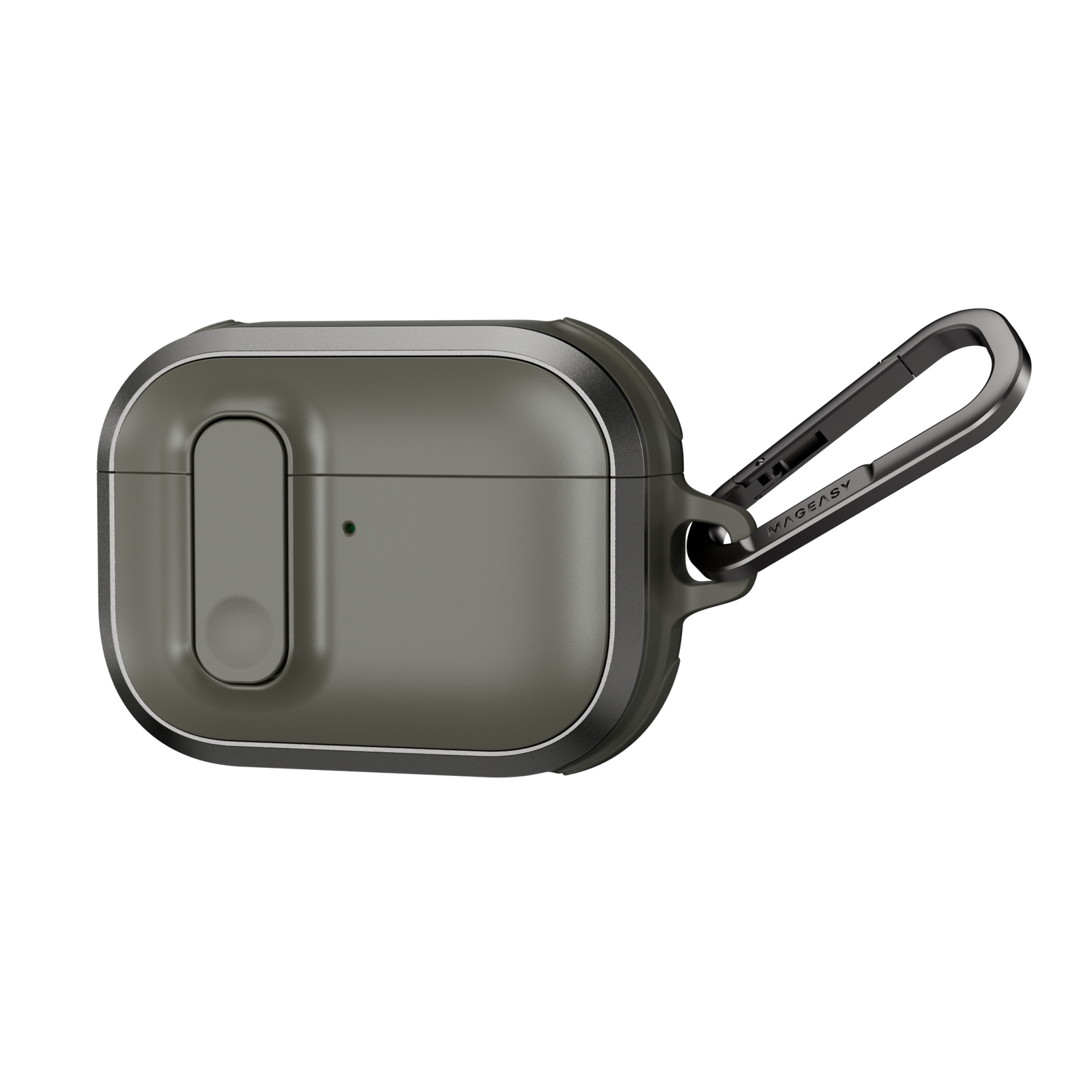 MAGEASY Odyssey outdoor AirPods Pro 3 case in Metal Green, angled closed view with aluminum frame and clip