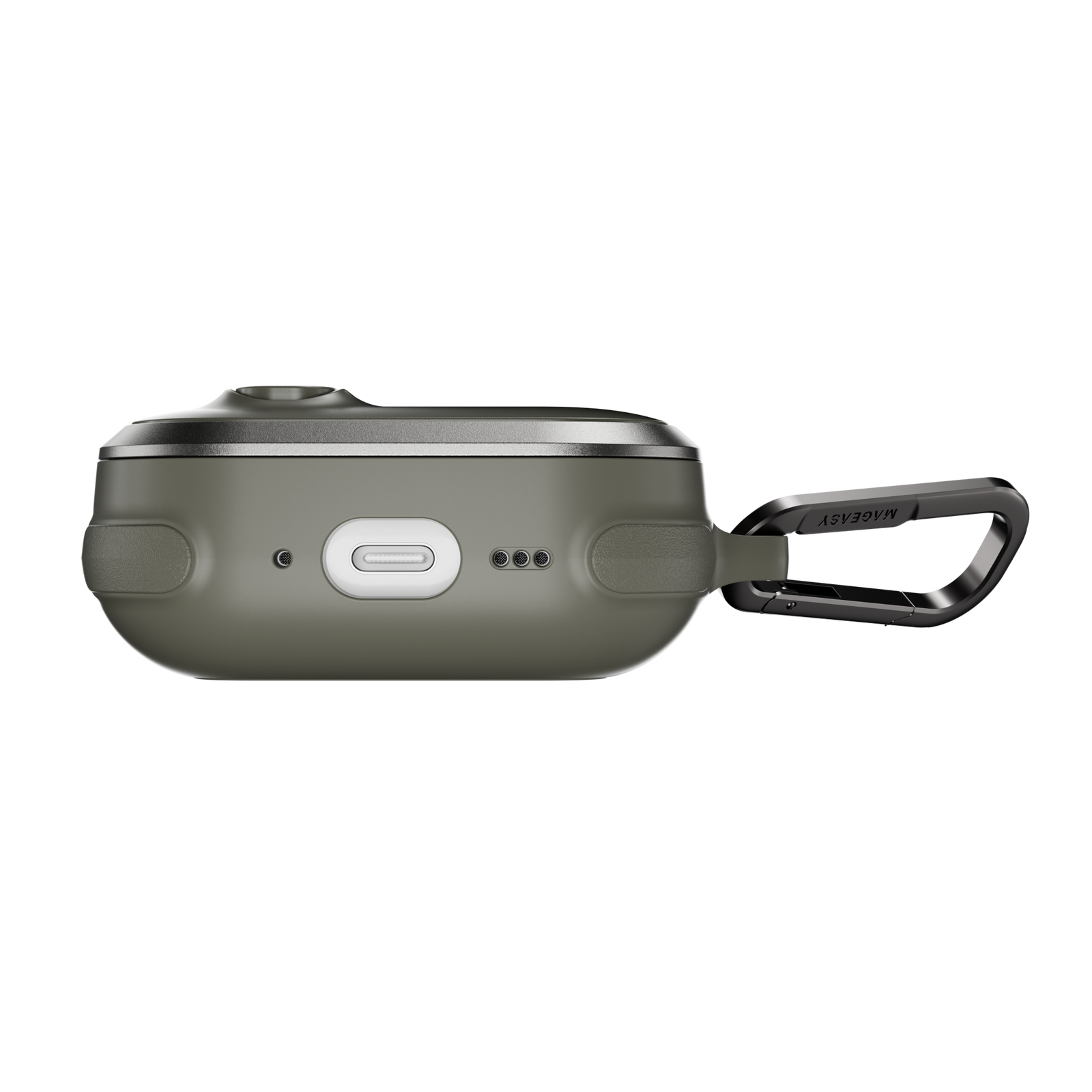 MAGEASY Odyssey outdoor AirPods Pro 3 case in Metal Green, bottom view showing charging port access and speaker openings