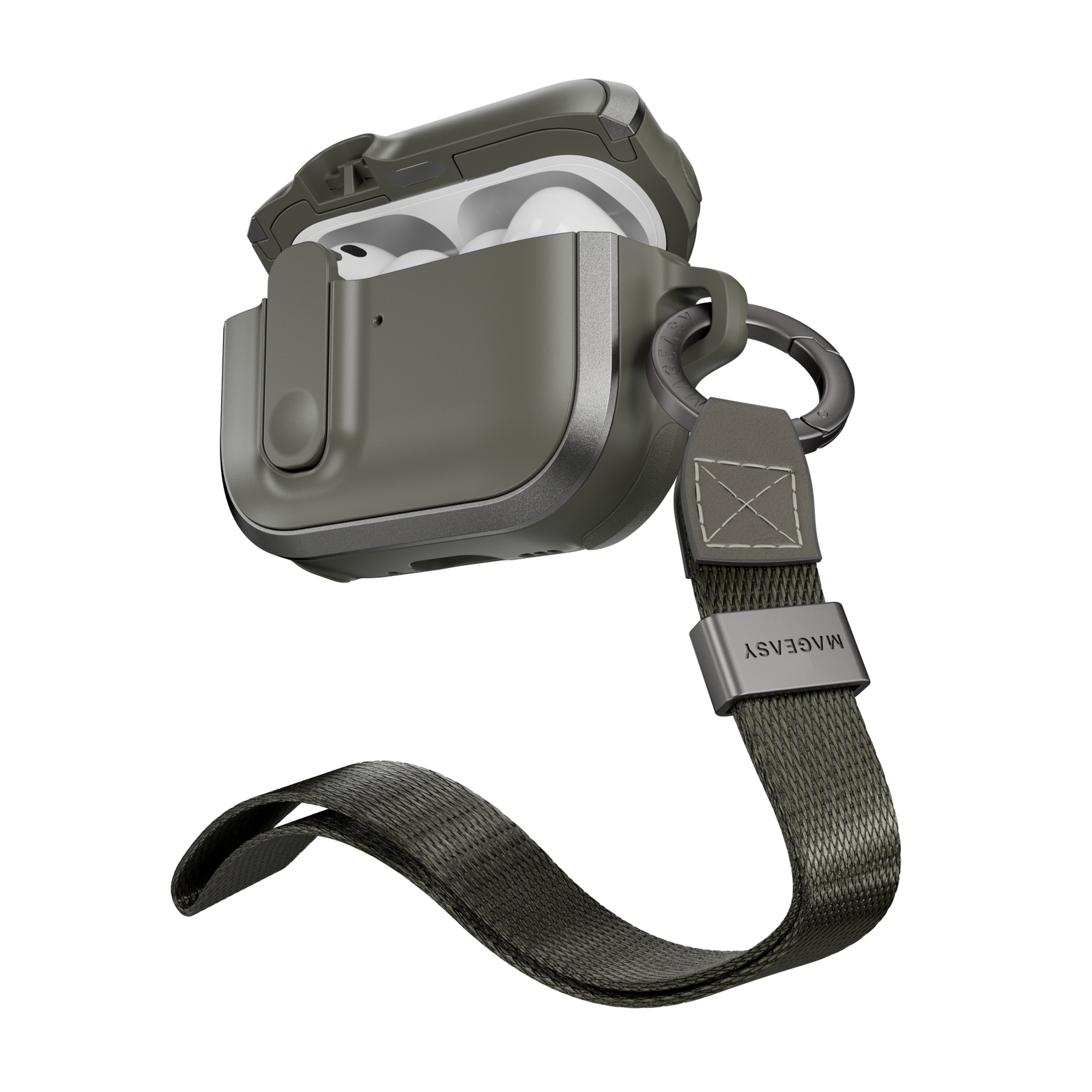 MAGEASY Odyssey outdoor AirPods Pro 3 case in Metal Green, open angled view with wrist strap and carabiner for travel carry