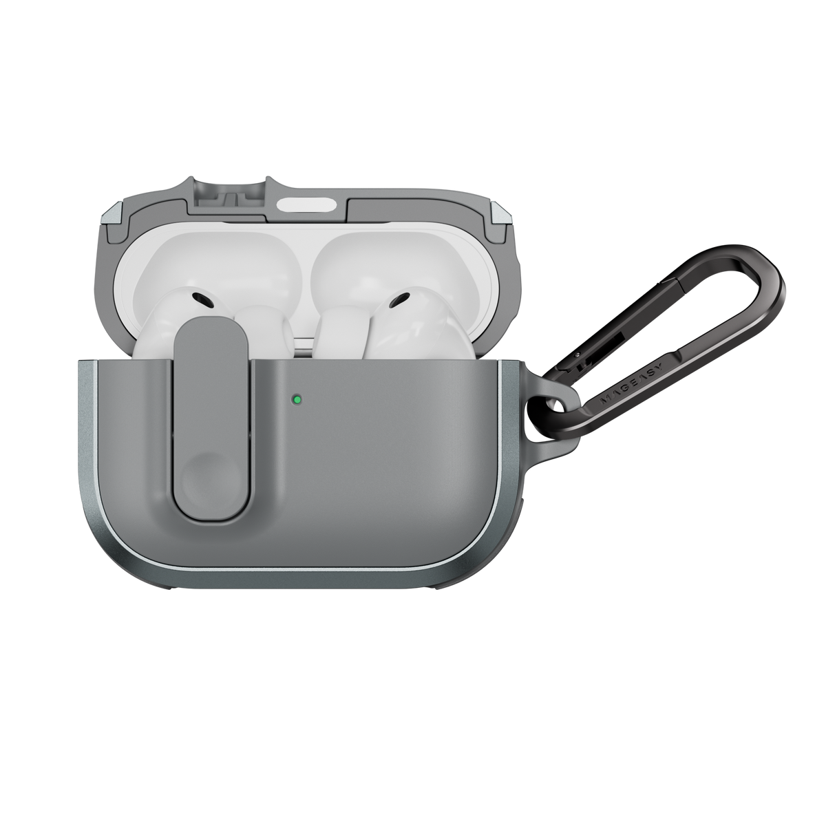 MAGEASY Odyssey protective AirPods Pro 3 case in Metal Mist, open case with AirPods visible and magnetic closure design