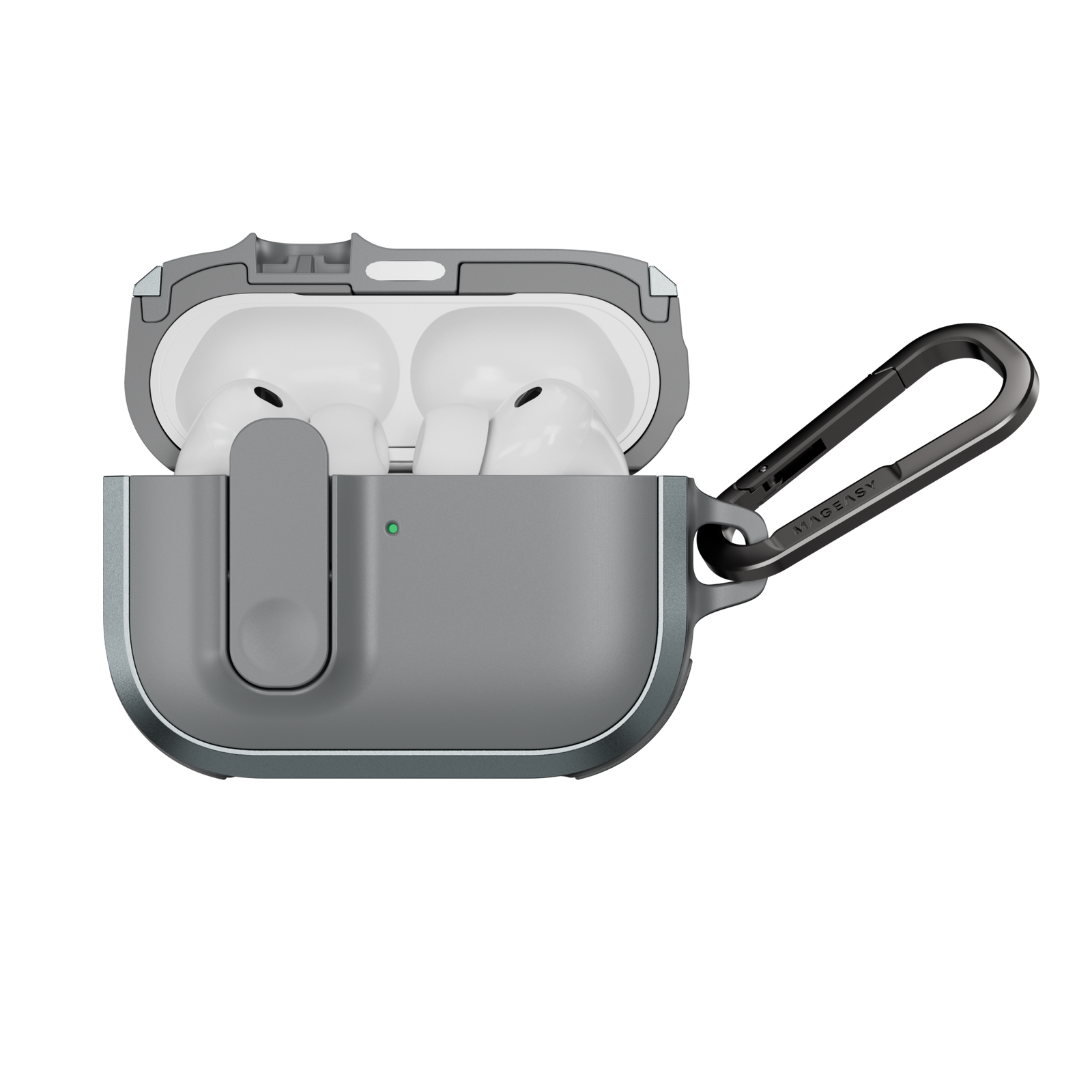 MAGEASY Odyssey protective AirPods Pro 3 case in Metal Mist, open case with AirPods visible and magnetic closure design