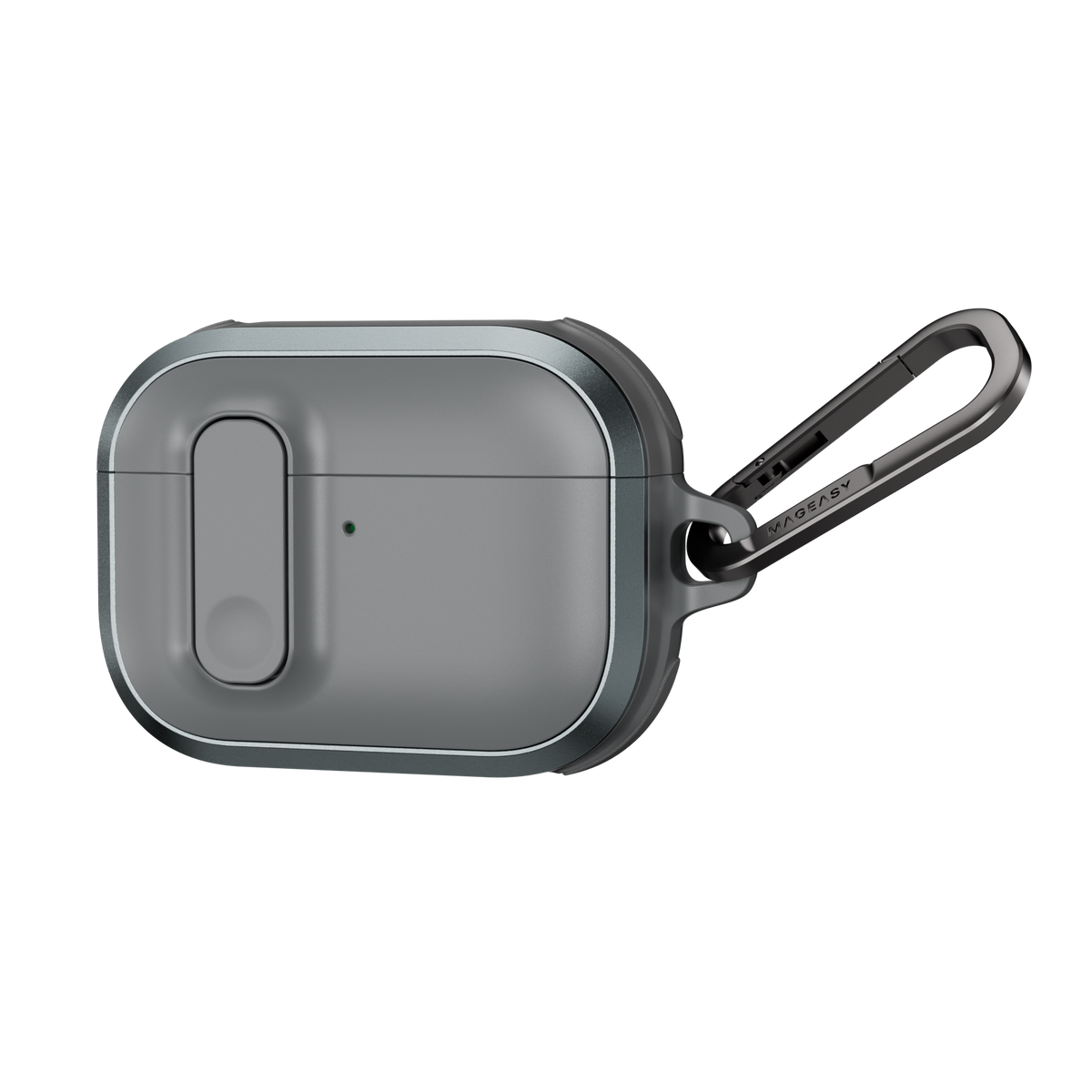 MAGEASY Odyssey protective AirPods Pro 3 case in Metal Mist, angled closed view with aluminum frame and clip