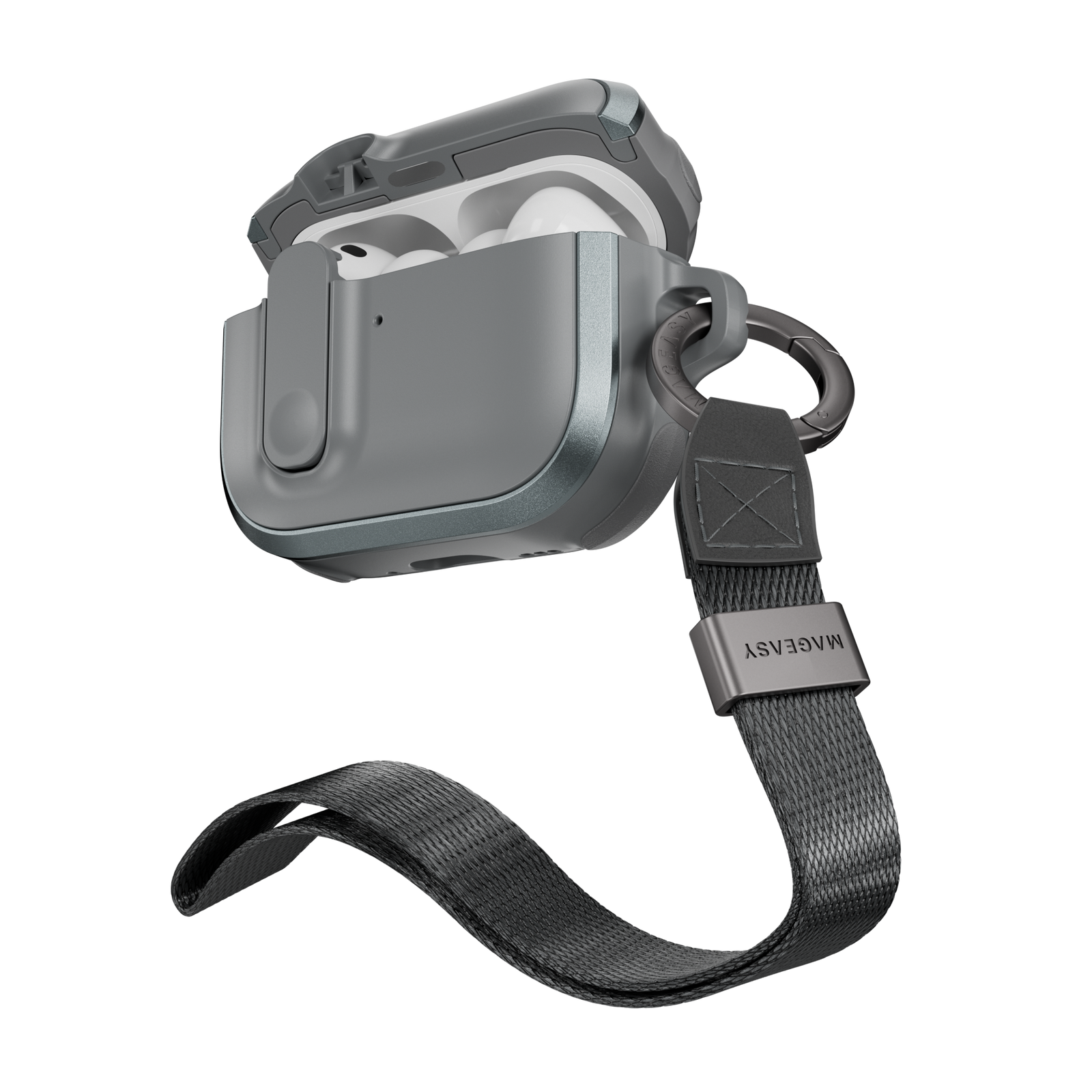 MAGEASY Odyssey protective AirPods Pro 3 case in Metal Mist, open angled view with wrist strap and carabiner for travel carry