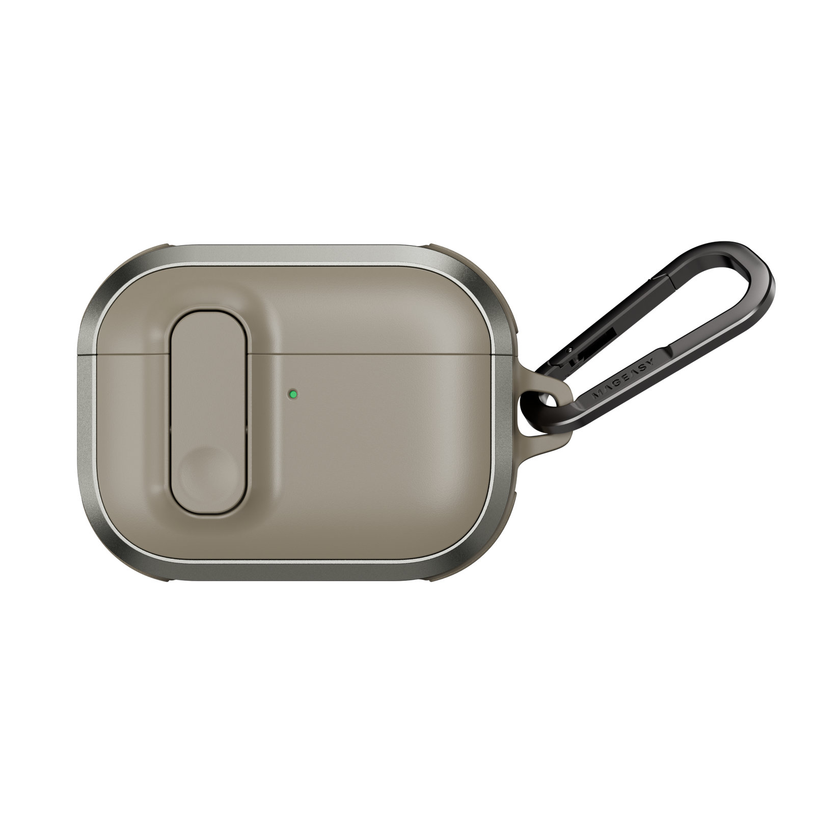 MAGEASY Odyssey shockproof AirPods Pro 3 cover in Metal Sand, closed front view with secure latch and carabiner clip