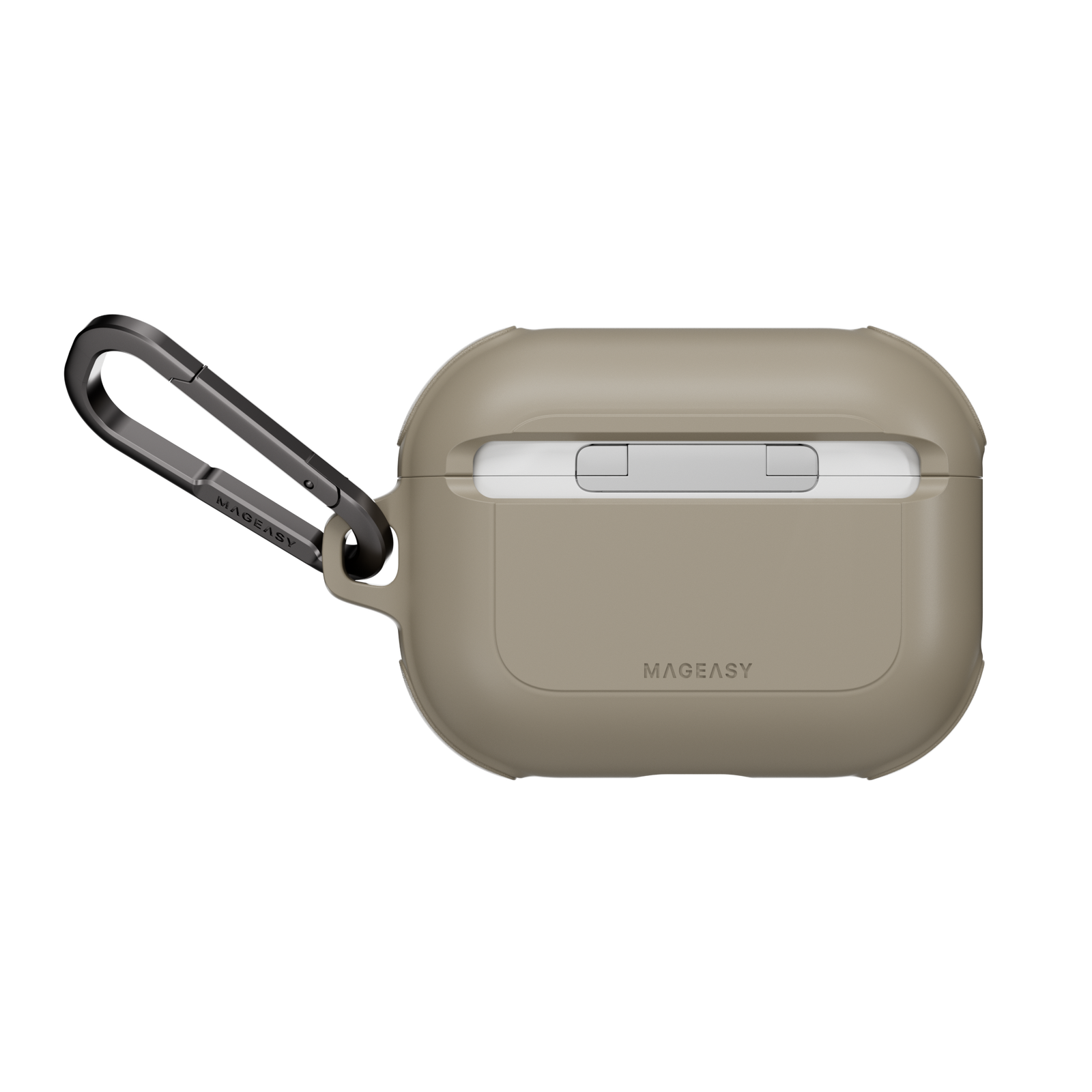 MAGEASY Odyssey shockproof AirPods Pro 3 cover in Metal Sand, rear view showing hinge cover and carabiner attachment