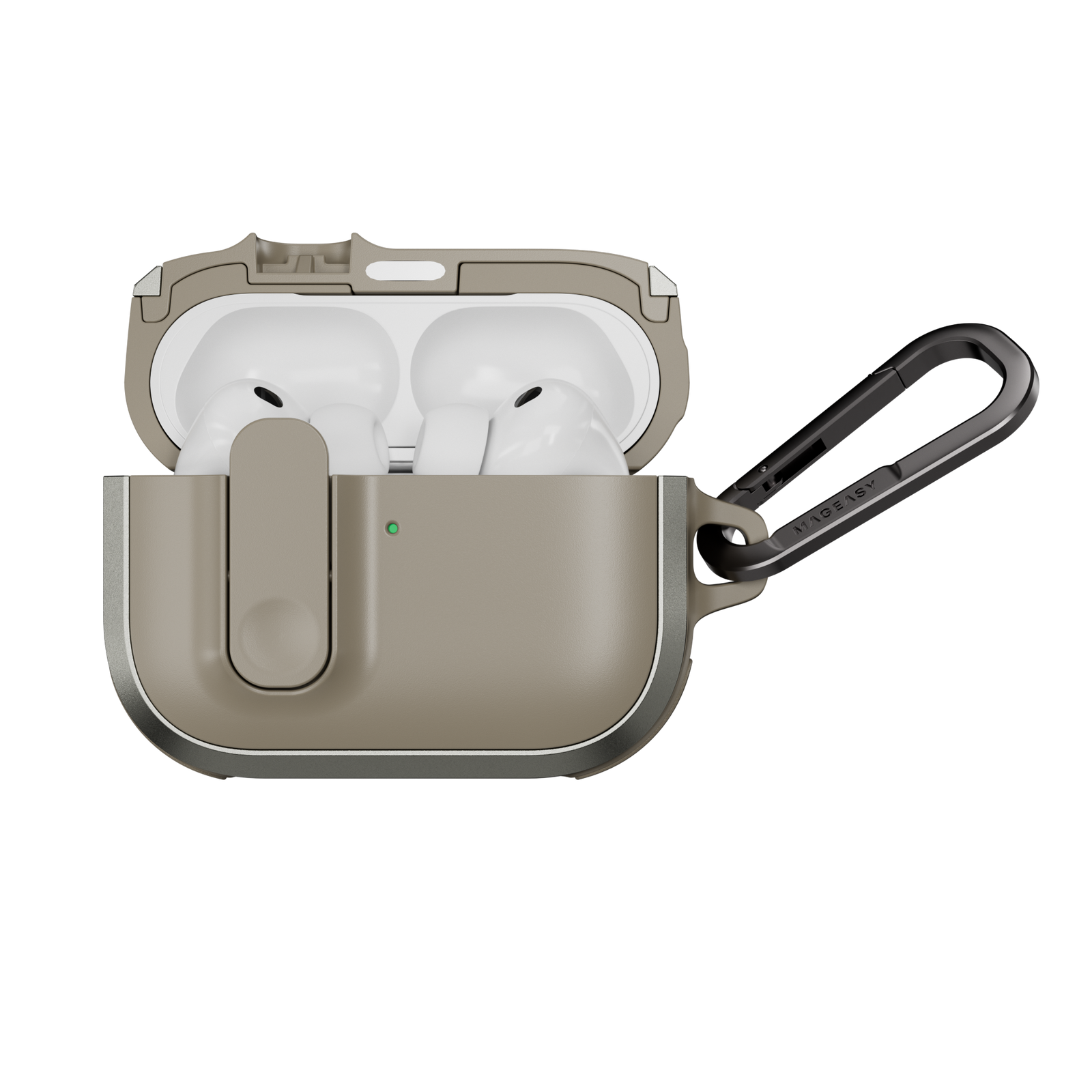 MAGEASY Odyssey shockproof AirPods Pro 3 cover in Metal Sand, open case with AirPods visible and magnetic closure design