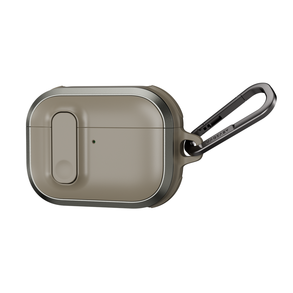 MAGEASY Odyssey shockproof AirPods Pro 3 cover in Metal Sand, angled closed view with aluminum frame and clip