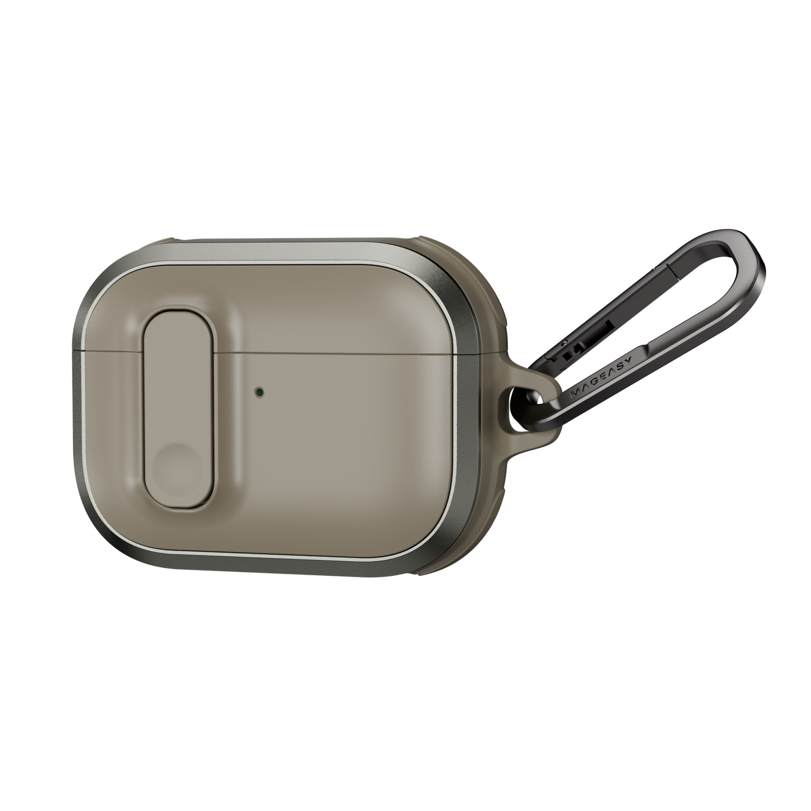 MAGEASY Odyssey shockproof AirPods Pro 3 cover in Metal Sand, angled closed view with aluminum frame and clip