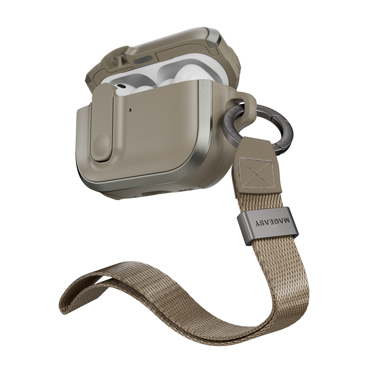 MAGEASY Odyssey shockproof AirPods Pro 3 cover in Metal Sand, open angled view with wrist strap and carabiner for travel carry