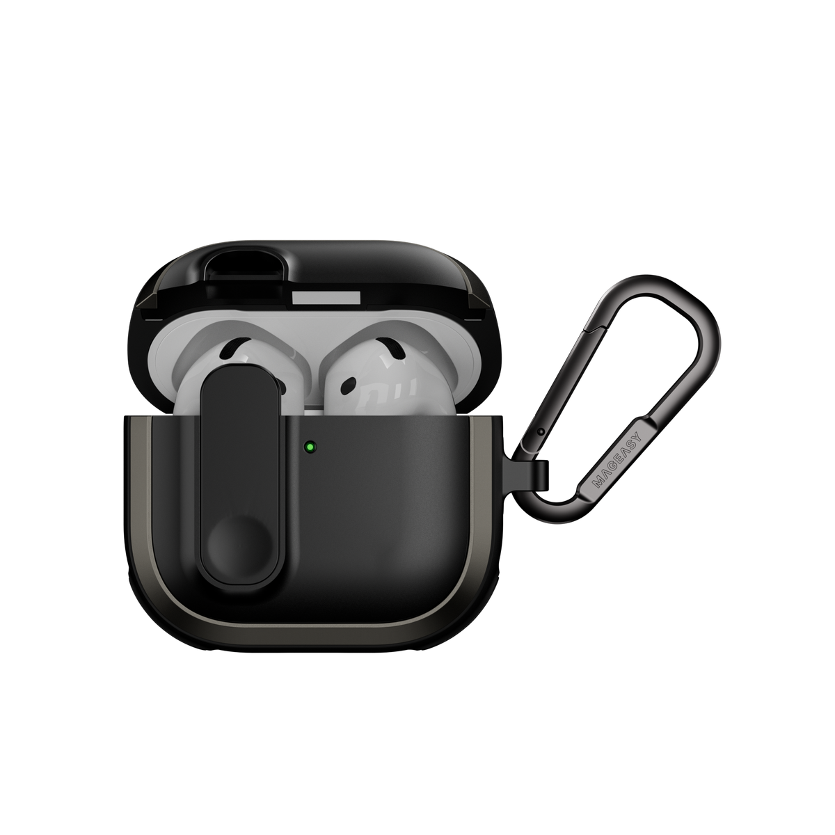MAGEASY Odyssey AirPods 4 rugged case in Metal Black, open front view with magnetic lock and carabiner