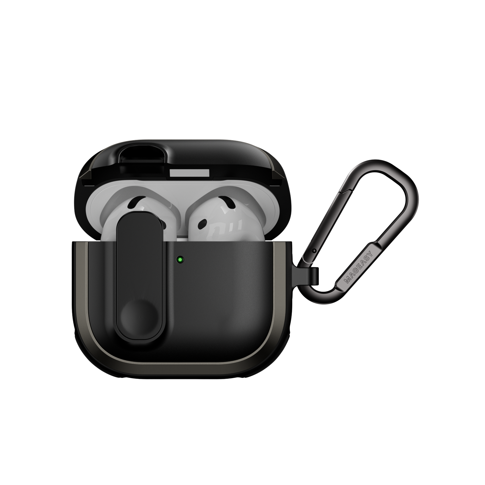 MAGEASY Odyssey AirPods 4 rugged case in Metal Black, open front view with magnetic lock and carabiner