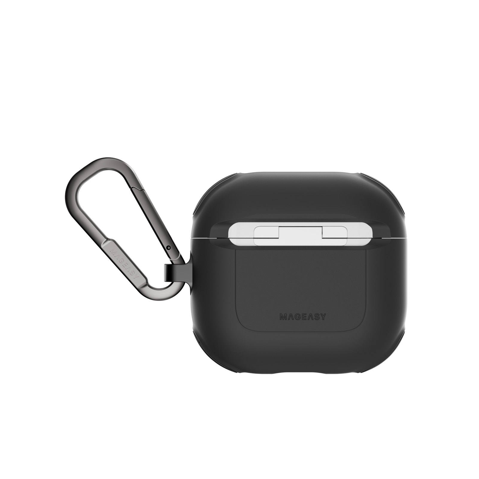 MAGEASY Odyssey AirPods 4 case in Metal Black, back view with hinge cover and carabiner clip