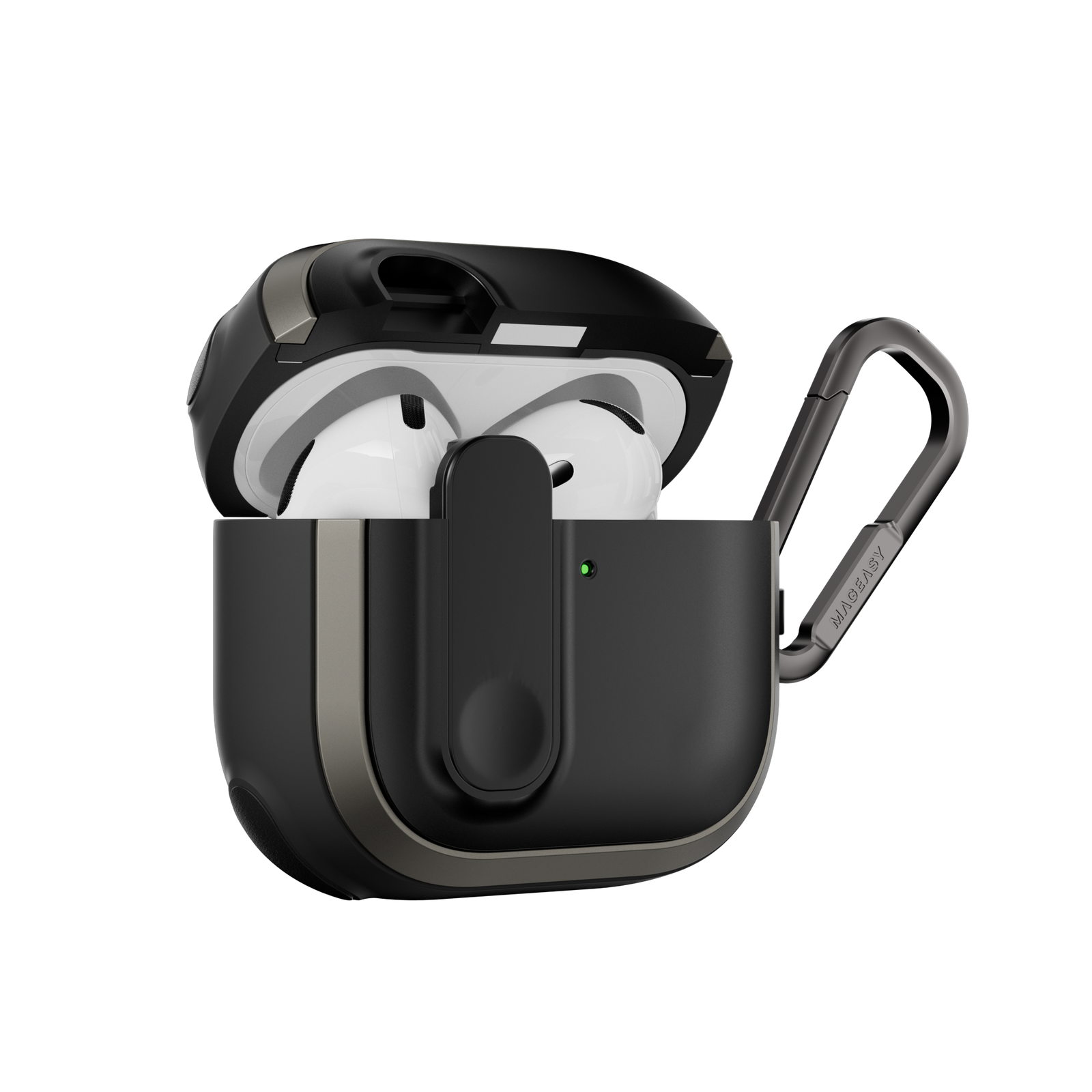 MAGEASY Odyssey AirPods 4 shockproof case in Metal Black, side profile showing protective shell